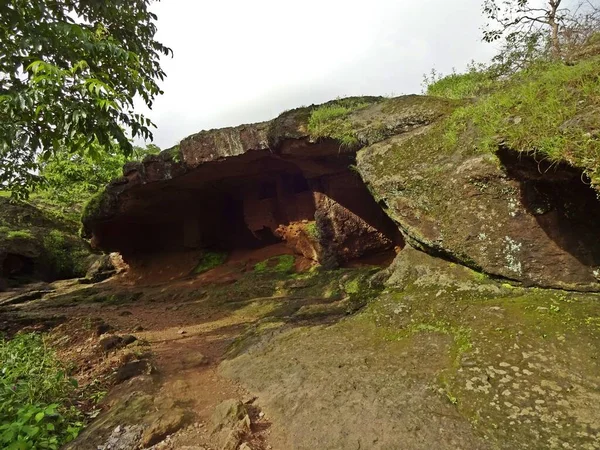 Snijden Kanheri Boeddhistische Grotten Mumbai Maharashtra — Stockfoto