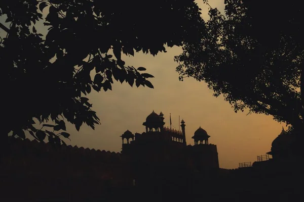 Silhouet Van Unesco Wereld Erfgoed Site Rode Fort Nieuwe Delhi — Stockfoto