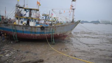 Mumbai 'de terk edilmiş bir iskelenin manzarası. Deniz kıyısına yayılmış balıkçı tekneleri ve enkazlar..
