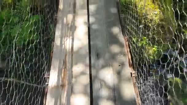 Cruzando la brecha del puente en las montañas, caminando, pov — Vídeo de stock