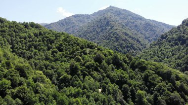 Üstten görünüşlü insansız hava aracı yeşil dağların üzerinde uçuyor ilham verici bir video.