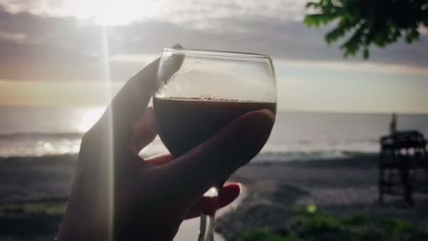 Samičí ruka držící sklenici červeného vína při západu slunce — Stock video