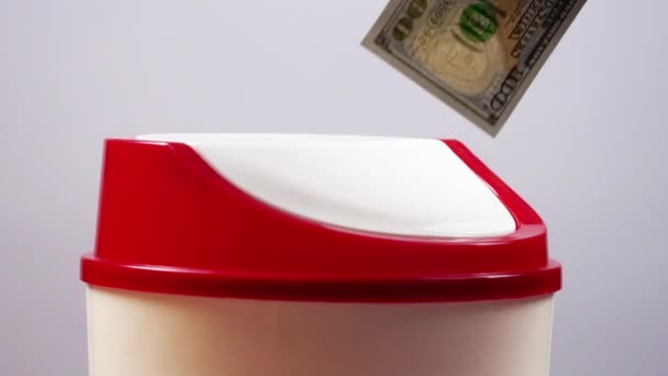 Buttare via i soldi, mano femminile mettere banconote da 100 dollari nel cestino della spazzatura — Video Stock