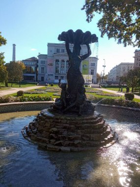 Sonbaharda Riga Letonya 'da parkta fontan