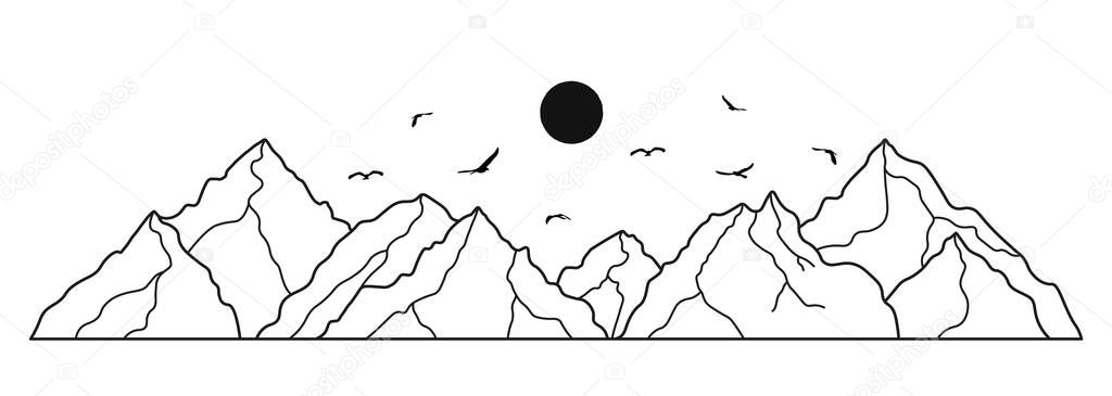 Mountain landscape line art. Minimal outline vector background with mountain ranges Vector Graphics