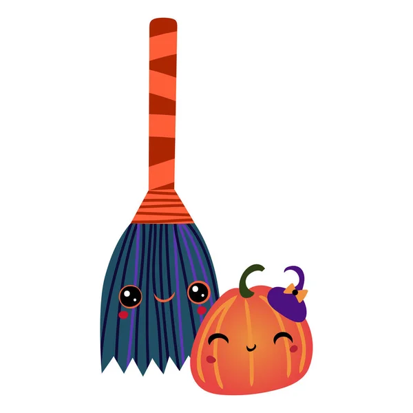 Őszi Halloween kawaii vektor design aranyos tök és seprű. Illusztráció gyerekeknek, ünneplés, web, nyomtatás, stb. — Stock Vector