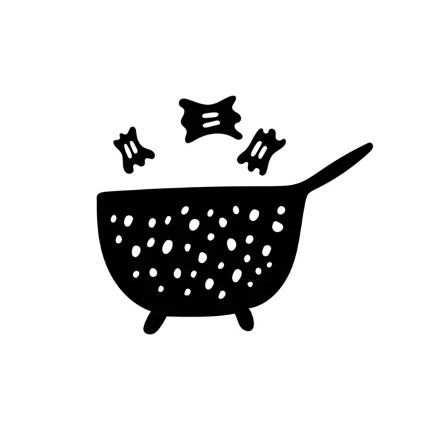 Ilustração em preto e branco de um coador com macarrão, utensílios de cozinha, utensílios. Desenho vetorial de doodle para web e impressão. — Vetor de Stock