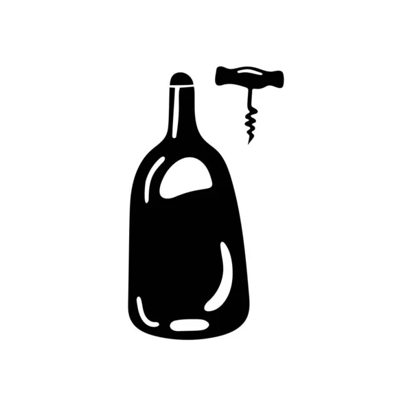 ボトルとコルクネジ、キッチン用品の黒と白のイラスト。ウェブとプリントのための落書きベクトルデザイン. — ストックベクタ