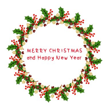 Mutlu Noeller ve renkli yazılı yeni yıl çelengi. Ağ ve yazdırma için parlak vektör dekoru. 