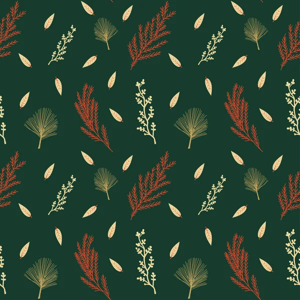 Seamless vector pattern in Christmas ddark boho colors with pine and twigs. Surface design for web and print. — Stock Vector