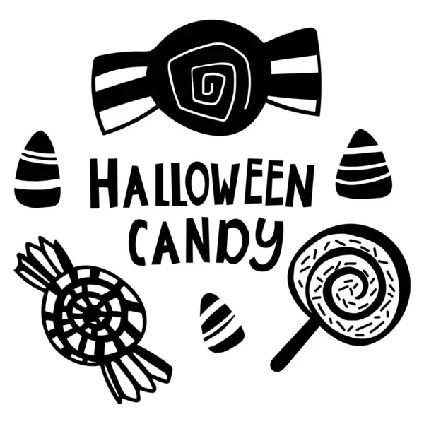 Svart klotter Halloween vektor design med godis och bokstäver. Illustration för barn, fest, webb, tryck m.m.. — Stock vektor