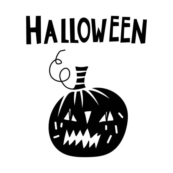 Svart klotter Halloween vektor design med en kuslig pumpa, text. Illustration för barn, fest, webb, tryck m.m.. — Stock vektor