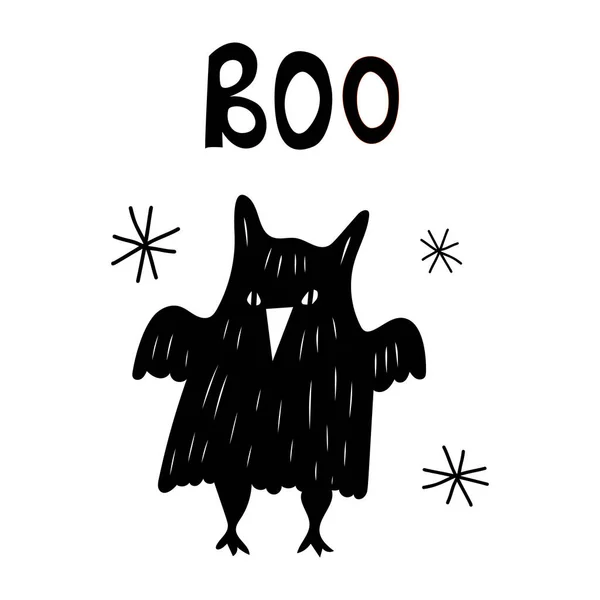 Diseño de vectores de Halloween garabato negro con un lindo búho águila. Ilustración para niños, celebración, web, impresión, etc.. — Archivo Imágenes Vectoriales