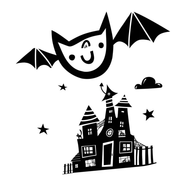 Zwarte doodle Halloween vector ontwerp met een schattige vleermuis en huis. Illustratie voor kinderen, feest, web, print, etc. — Stockvector