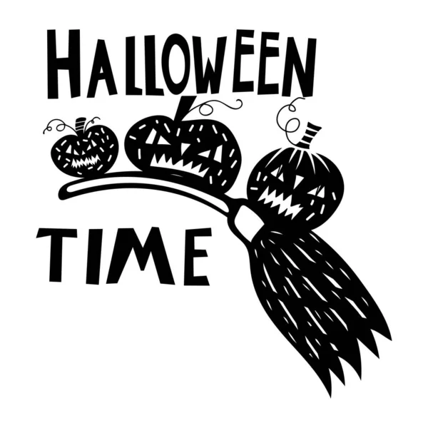Svart klotter Halloween vektor design med pumpor på en kvast. Illustration för barn, fest, webb, tryck m.m.. — Stock vektor