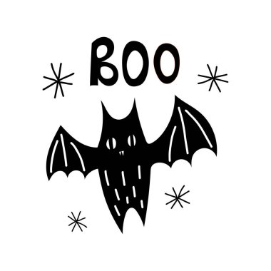 Siyah karalama Cadılar Bayramı vektör tasarımı ve şirin bir yarasa ve Boo metni. Çocuklar için illüstrasyon, kutlama, ağ, baskı, vs.. 