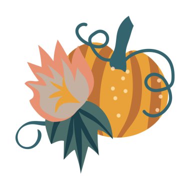 Sonbahar elementleri sıcak renklerde, balkabağı ve harflerle. Sonbahar kartı, poster, logo, baskı vs. için vektör tasarımı. 