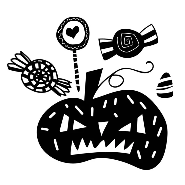 Black Doodle Halloween Vektor-Design mit einem gruseligen Kürbis, Süßigkeiten. Illustration für Kinder, Feier, Web, Print, etc. — Stockvektor