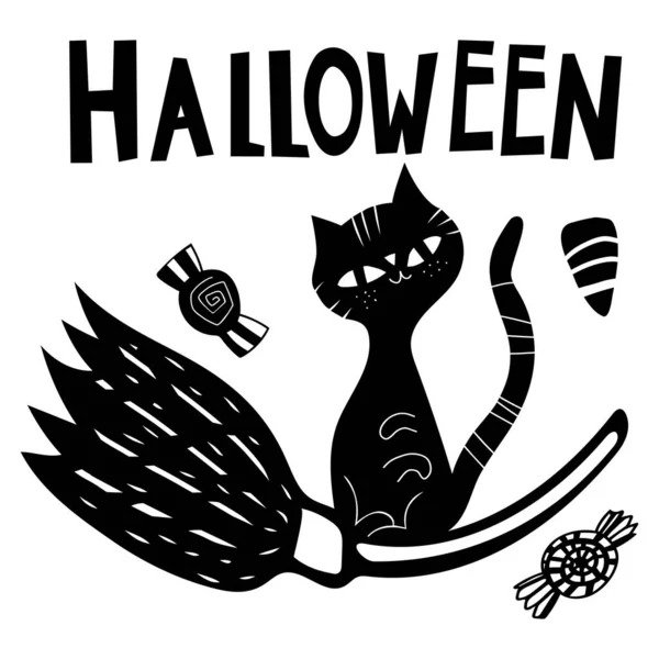 Svart klotter Halloween vektor design med en söt katt på en kvast. Illustration för barn, fest, webb, tryck m.m.. — Stock vektor