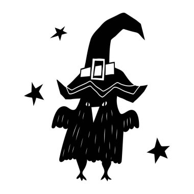 Siyah karalama Cadılar Bayramı vektör tasarımı ve şapkalı şirin bir baykuş. Çocuklar için illüstrasyon, kutlama, ağ, baskı, vs.. 