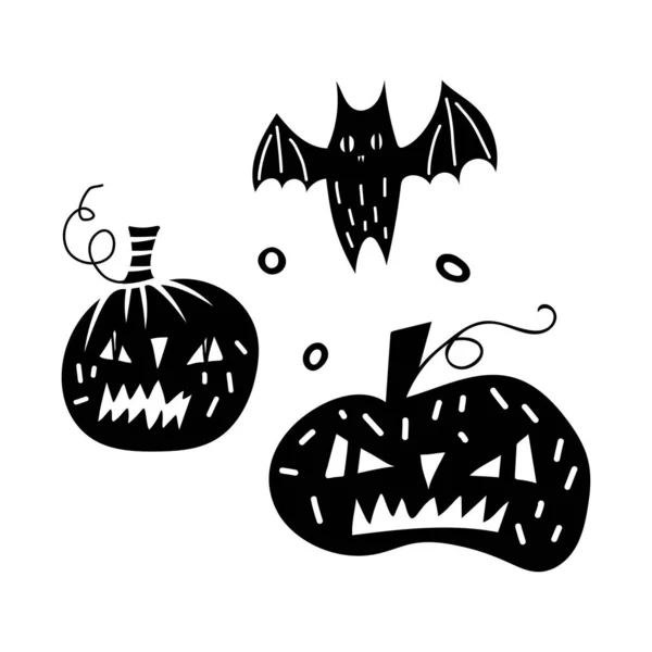 Schwarzes Doodle-Halloween-Vektordesign mit gruseligen Kürbissen und Fledermaus. Illustration für Kinder, Feier, Web, Print, etc. — Stockvektor