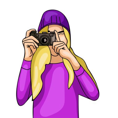 Fotoğraf makinesi tutan fotoğrafçı kız fotoğraf çekiyor. Kart, poster ve diğer tasarım için vektör illüstrasyonu. 