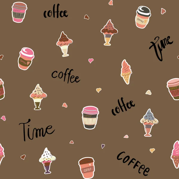 Seamless vector pattern with Coffee elements, lettering. Wallpaper, scrapbooking, textie and other surface design. — Stock Vector