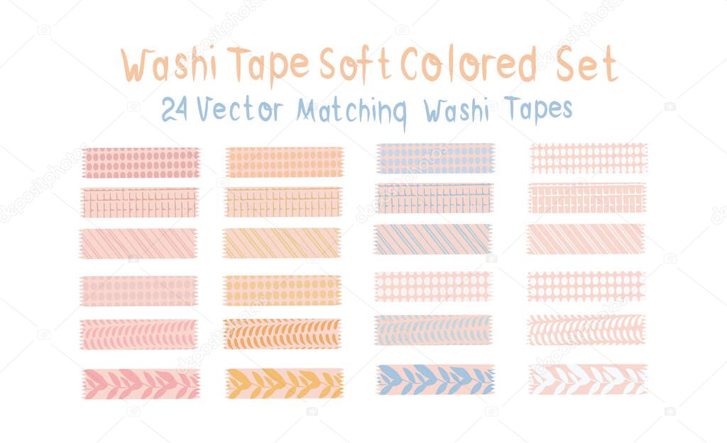 Washi tapes 24 pc in pastel soft colors. Bright vector design for web, print, planners, etc. 