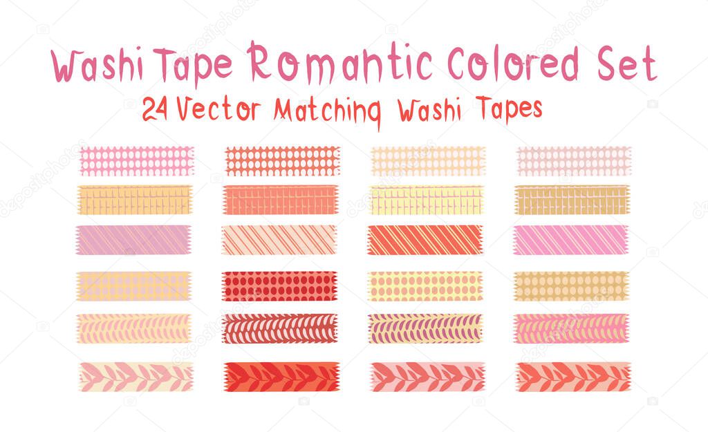 Washi tapes 24 pc in romantic colors. Bright vector design for web, print, planners, etc. 
