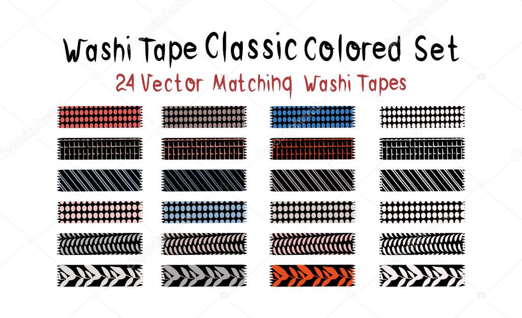 Washi tapes 24 pc in classic colors. Bright vector design for web, print, planners, etc. 
