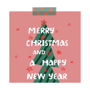 Noel ve Yeni Yıl kartları, içinde Noel ağacı ve washi bantları var. Ağ ve yazdırma için parlak vektör dekoru. 