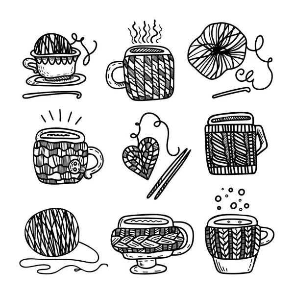 Doodle estilo clipart colorido com copos de malha com café. Desenho vetorial colorido para impressão e web. — Vetor de Stock