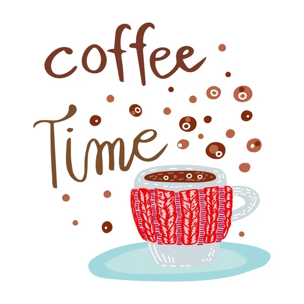 Ilustração vetorial com uma xícara em um aquecedor de malha e lettering Coffee Time. Design para web, impressão, modelo, etc.. — Vetor de Stock