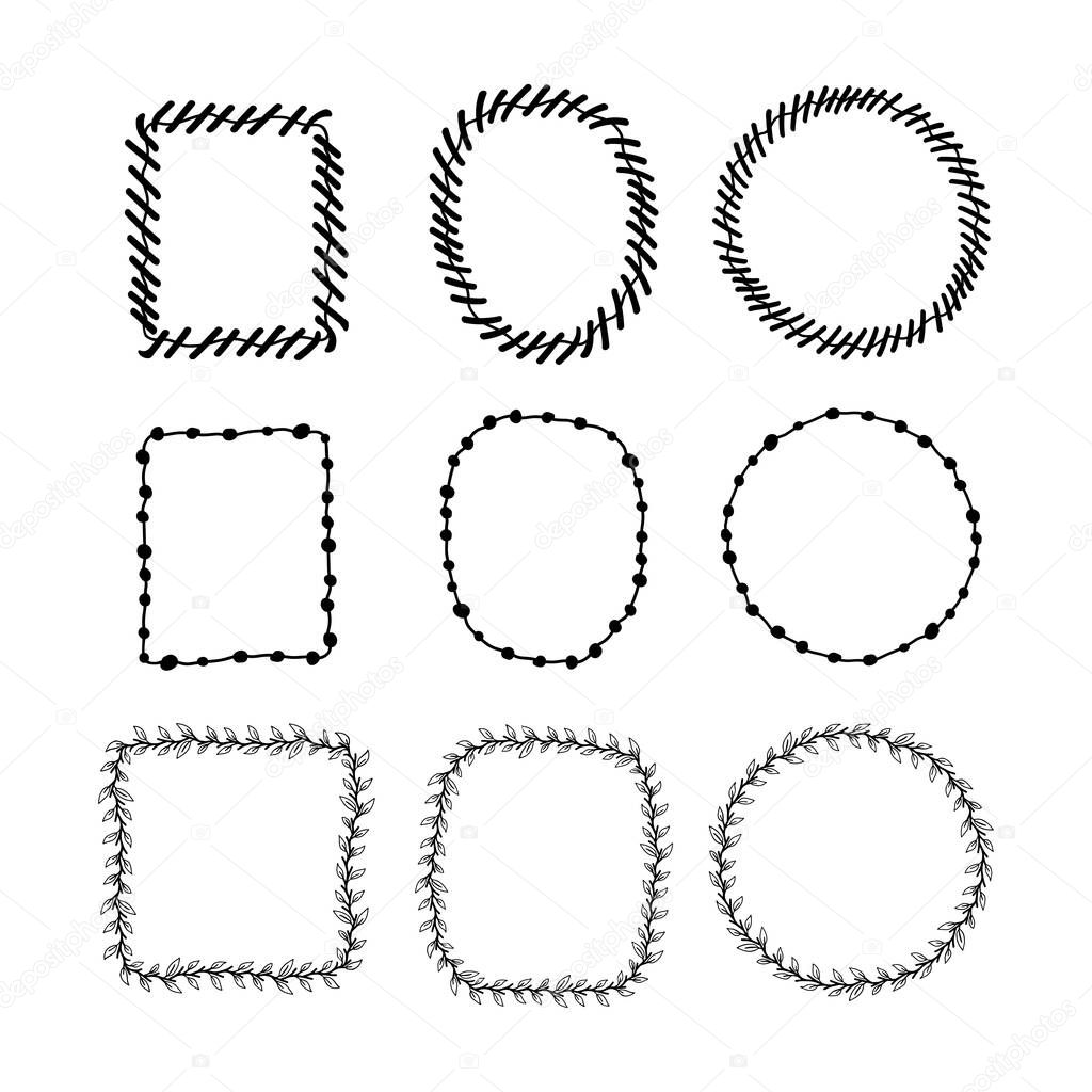 Set of nine black doodle frames on white background. Vector frame and bubble design for web and print.
