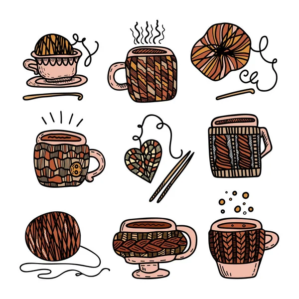 Doodle estilo clipart colorido com copos de malha com café. Desenho vetorial colorido para impressão e web. — Vetor de Stock