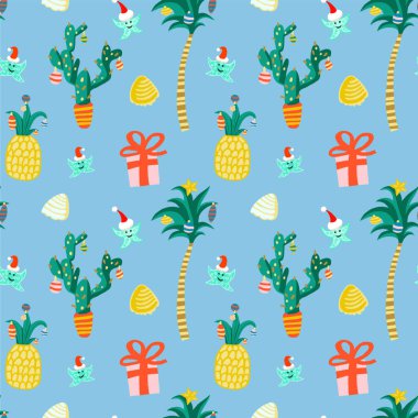 Tropikal Noel konusunda çocuklar için kusursuz tropikal desen. Yazdırma ve ağ için renkli tasarım. 