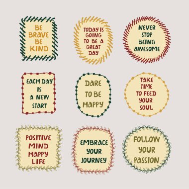 Kişisel bakım ve sevgi üzerine yazılar yazan vektör baloncuk çerçeveleri. Ağ, baskı, çıkartma, logo, şablon vs. için parlak tasarım. 