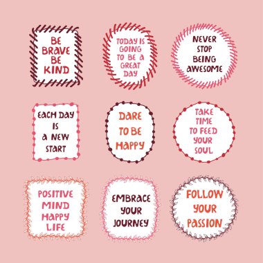 Kişisel bakım ve sevgi üzerine yazılar yazan vektör baloncuk çerçeveleri. Ağ, baskı, çıkartma, logo, şablon vs. için parlak tasarım. 