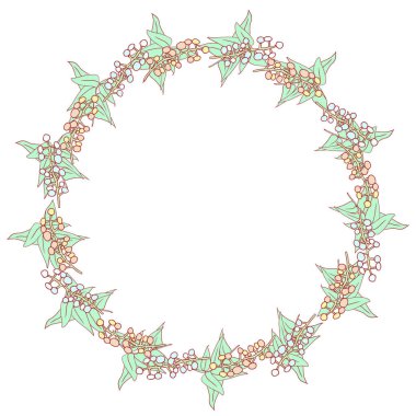 Pagan Festivali Ostara tebrik kartı. Kutsanmış ve mutlu Ostara harfleriyle pastel renkli vektör çerçeve tasarımı.