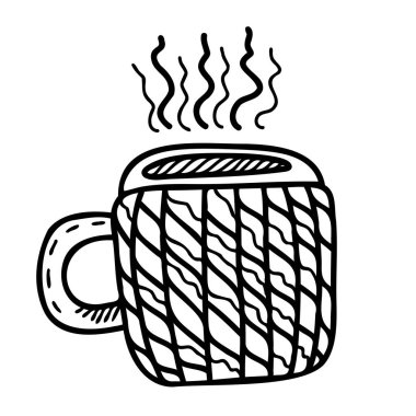 Örgü örülmüş bir kahve ya da çay fincanının siyah ve beyaz çizimi. Web ve yazdırma için Doodle vektör tasarımı. 