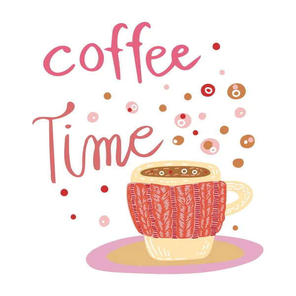 Ilustração vetorial com uma xícara em um aquecedor de malha e lettering Coffee Time. Design para web, impressão, modelo, etc.. — Vetor de Stock