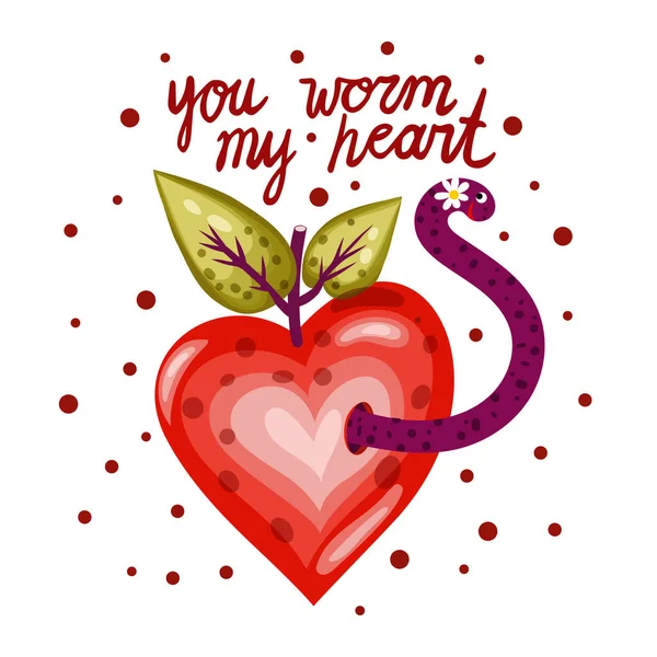 You Worm My Heart letras y arte vectorial con una manzana en forma de corazón y gusano. Diseño de tarjeta brillante para web e impresión. — Archivo Imágenes Vectoriales