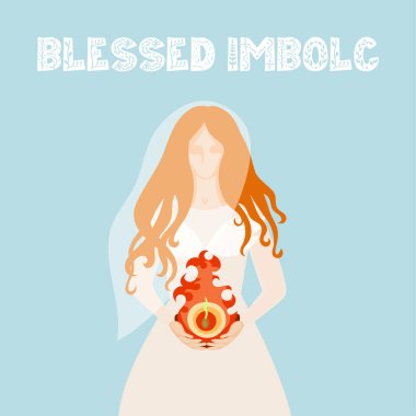 Pagan festivali İmbolk illüstrasyonunda gelin Brigid, ateş ve tohum. Bir tebrik kartı, logo, ağ, baskı için vektör sanatı. 
