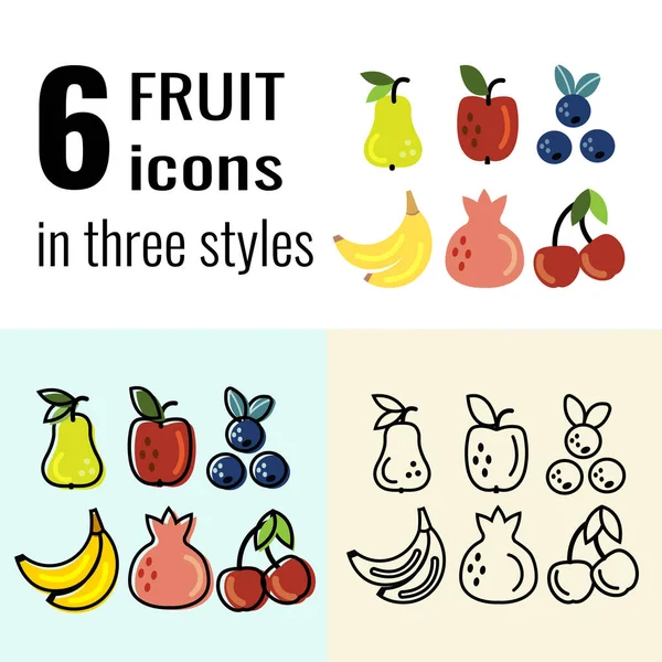 Sei icone di frutta cibo in diversi stili, linea e arte piatta. Modelli di progettazione vettoriale per applicazioni, web, stampa, ecc. — Vettoriale Stock