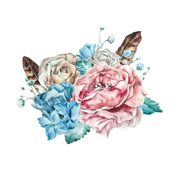 Aquarel bloemboeket, thee roos, delicate roze pioen, blauwe hortensia, veer, decoratieve takken, bladeren — Stockfoto
