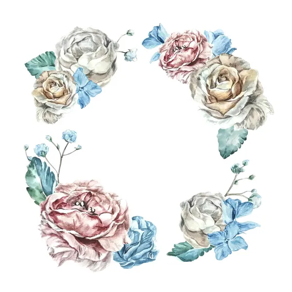Bloemenkrans, roze pioen, thee roos, blauwe hortensia, bladeren, decoratieve twijgen. Botanische Aquarel Frame — Stockfoto