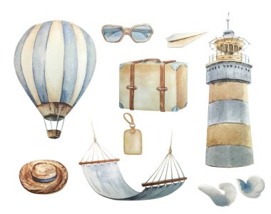 Suluboya seyahat seti beyaz arkaplanda izole edildi.