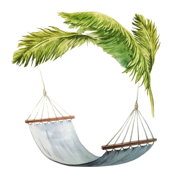 Composición de hojas de palma y hamaca. Plantilla de acuarela —  Fotos de Stock