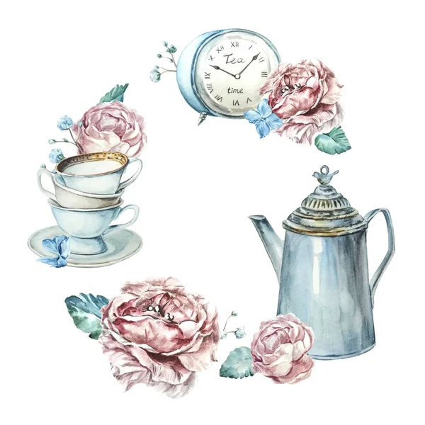 Een sjabloon van theepot, kopjes, klokken, roze pioenrozen, blauwe hortensia. Aquarel frame — Stockfoto