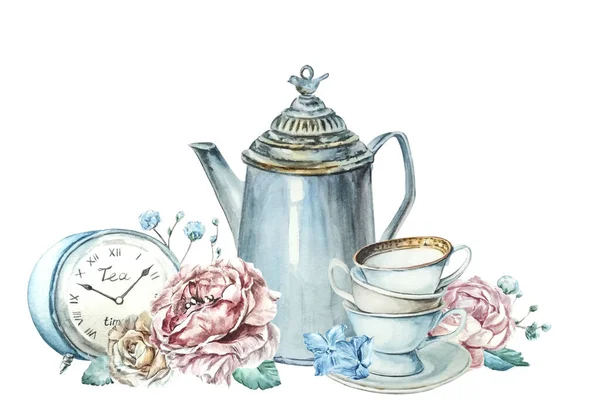 찻주전자, 컵, 탁자 시계, 분홍빛 및 푸른색 꽃들로 이루어진 수채화. 로열티 프리 스톡 이미지